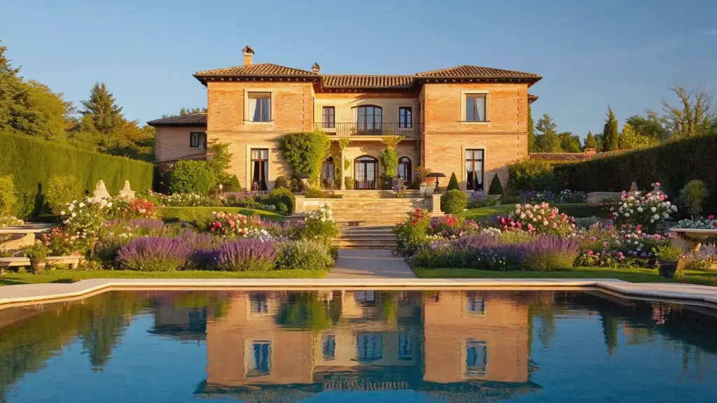 A luxurious house constructed from brick, perched elegantly on a hill, featuring a sparkling swimming pool and a vibrant garden bursting with colorful flowers, all perfectly reflected in a serene body of water or.webp