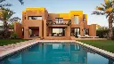 A luxurious duplex constructed from traditional earth bricks, featuring a sparkling swimming pool, blending rustic charm with opulent comfort..webp
