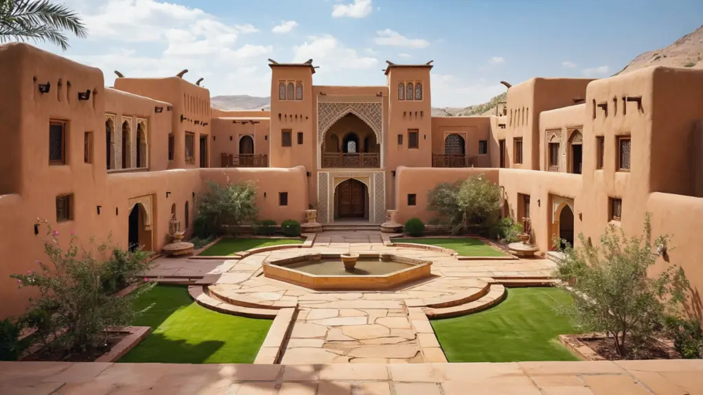 A luxurious house constructed from traditional mud brick, featuring a spacious central courtyard and a meticulously manicured lawn. The interior is adorned with exquisite antique luxury furniture, blending rustic.webp