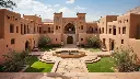 A luxurious house constructed from traditional mud brick, featuring a spacious central courtyard and a meticulously manicured lawn. The interior is adorned with exquisite antique luxury furniture, blending rustic.webp